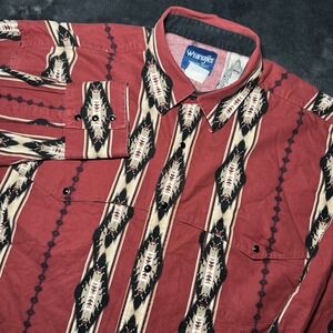 Vintage Wrangler Shirt Men XL Red Striped Aztec Western Pearl Snap Long Sleeve